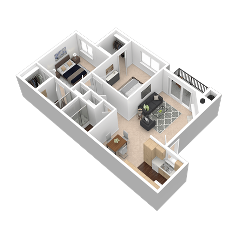 Classic Style 2 Bedroom, 2 Bathroom Plan C 3D Floor Plan